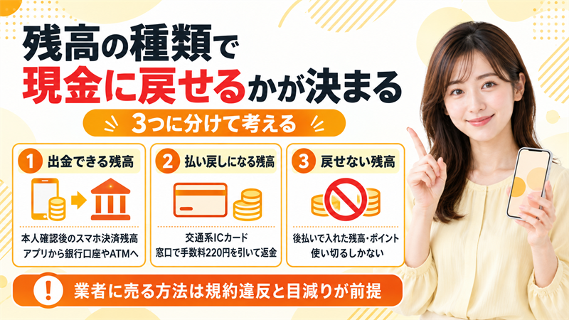 電子マネーは残高の種類で現金に戻せるかが決まる
